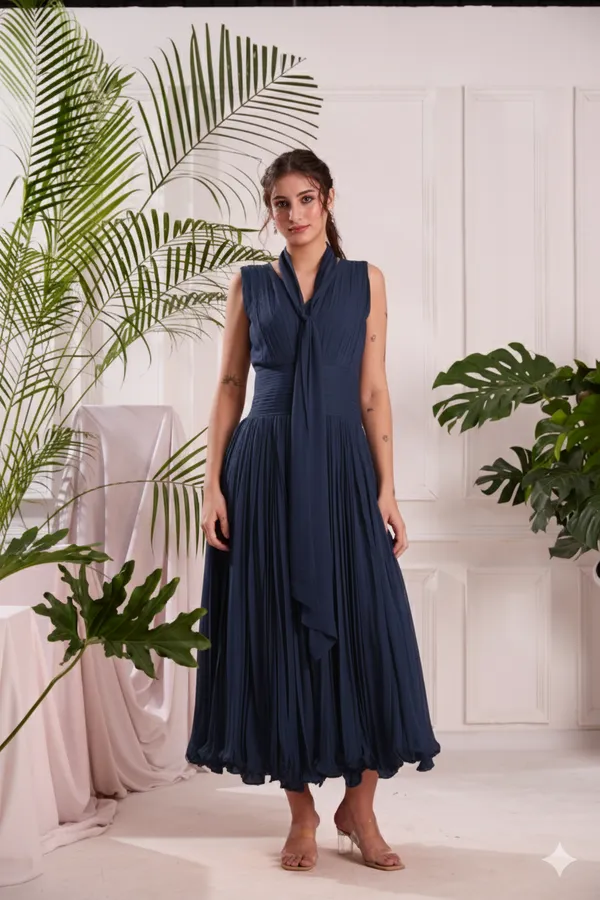 Blue_Georgette_Midi_Dress_with_Stole_|_Hand-Pleated_V-Neck_Flare_Dress