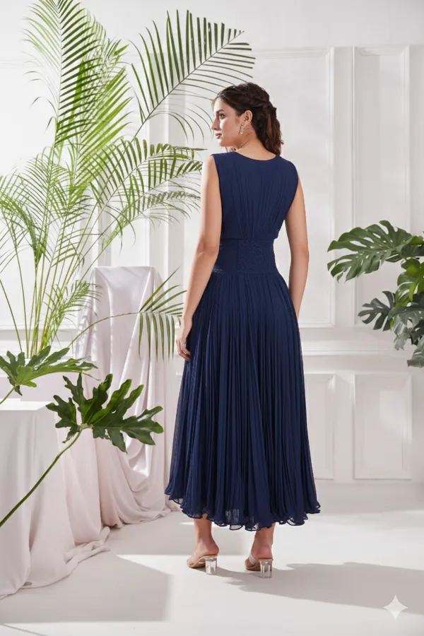 Blue_Georgette_Midi_Dress_with_Stole_|_Hand-Pleated_V-Neck_Flare_Dress