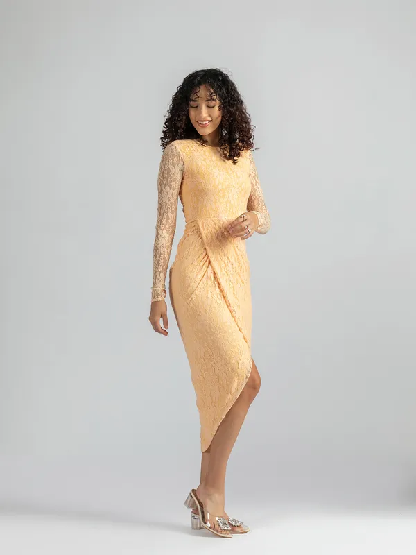 Bodycone_Party_Dress_|_Peach_Lace_Midi_Dress