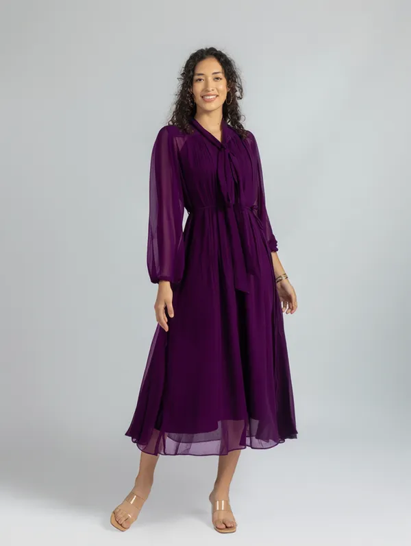 Deep_Purple_Georgette_loose_fit_Dress_|_Purple_fit_and_Flare_Dress