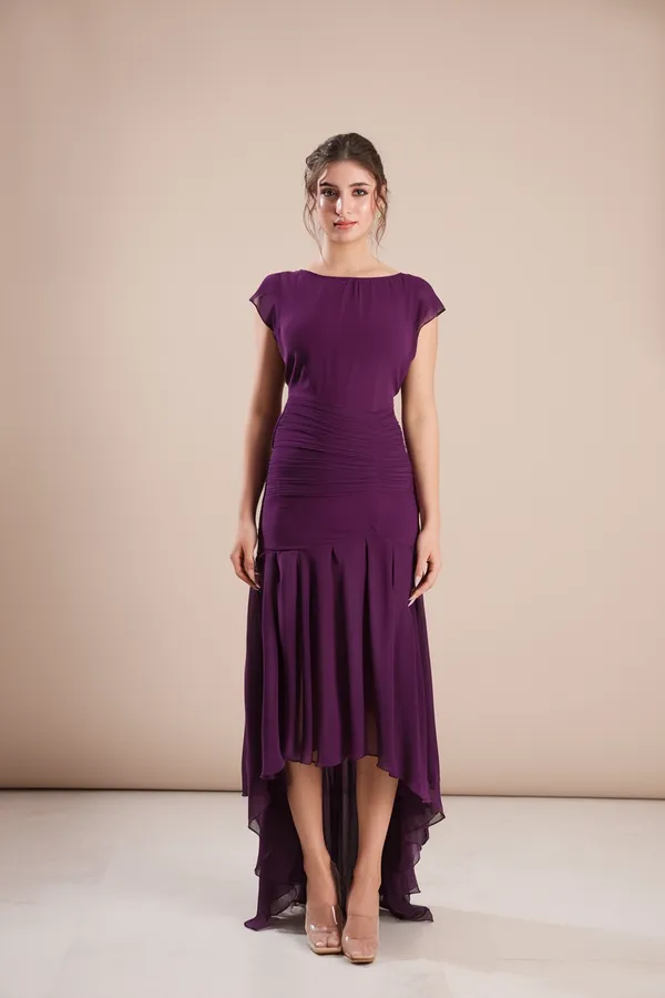Deep_Purple_High-Low_Georgette_Dress_with_Ruched_Waist