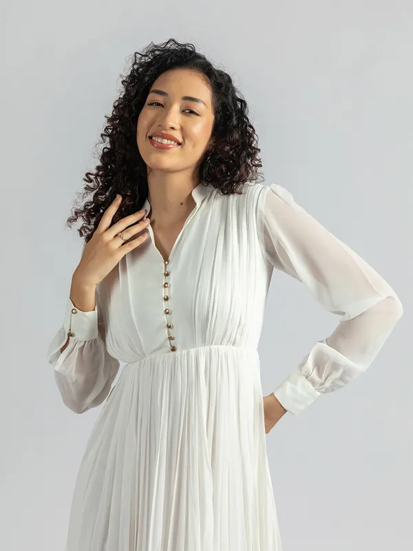 White_V-neck_Golden_Button_Dress