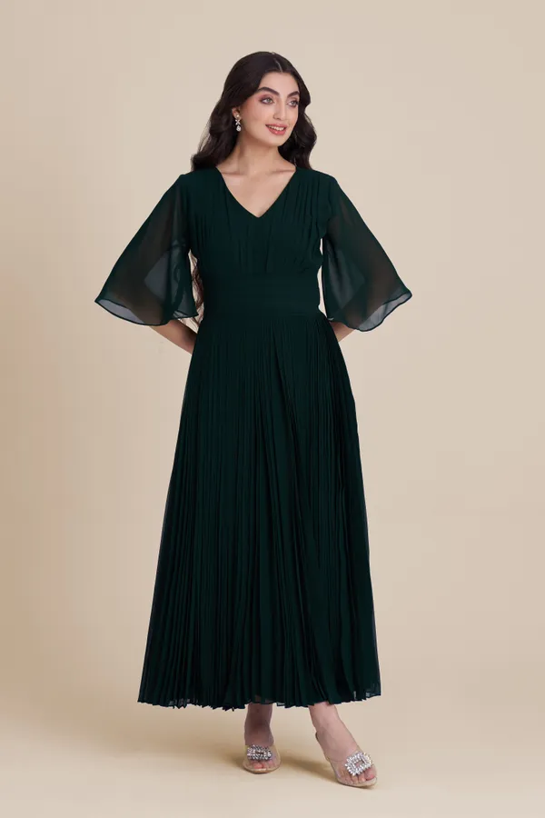 Green_V-Neck_Pleated_Waist_Dress