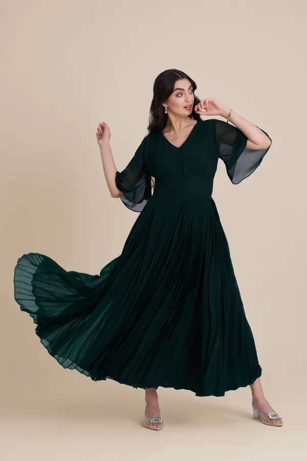 Green_V-Neck_Pleated_Waist_Dress