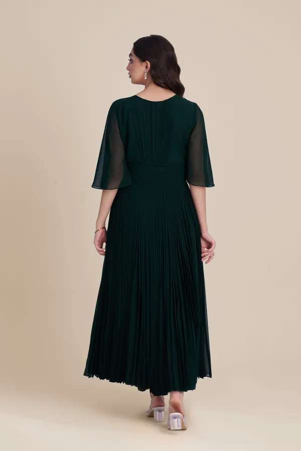 Green_V-Neck_Pleated_Waist_Dress