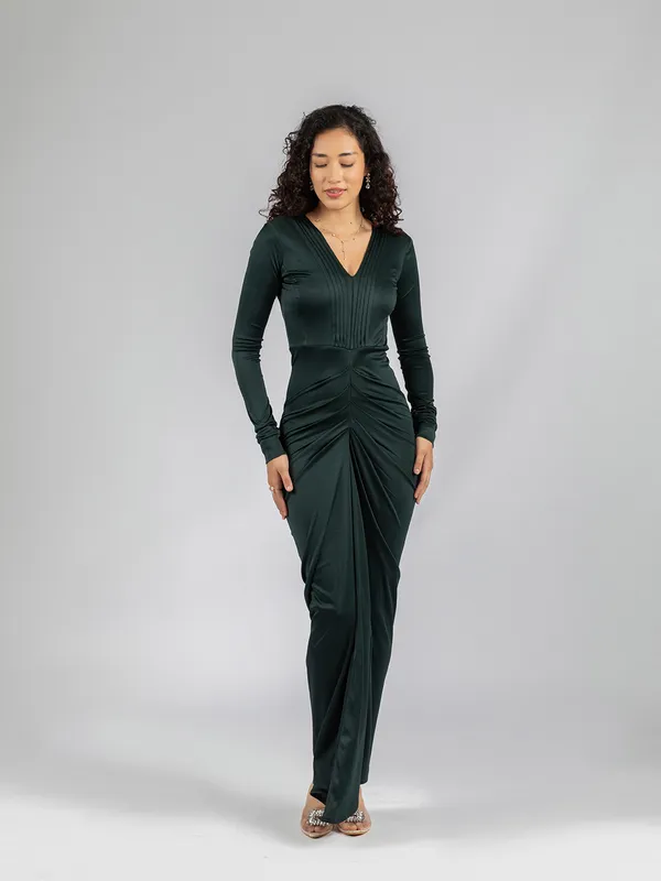 Green_Draped_Stretchable_V-neck_Dress