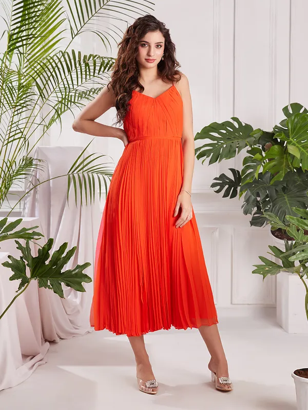 ORANGE_PLEATED_GEORGETTE_SLEEVELESS_DRESS