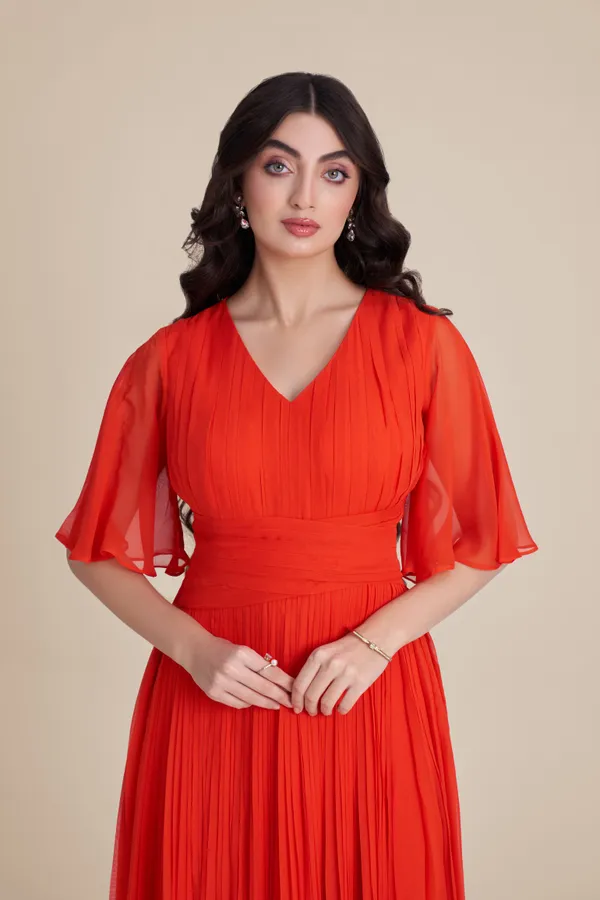 ORANGE_GEORGETTE_BELT_PLEATED_DRESS