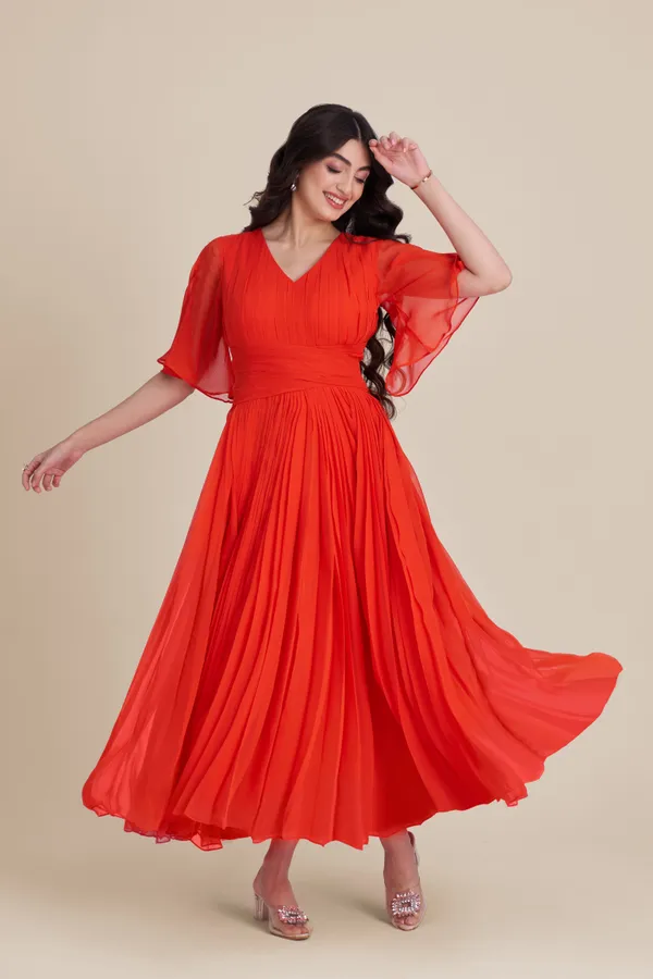 ORANGE_GEORGETTE_BELT_PLEATED_DRESS