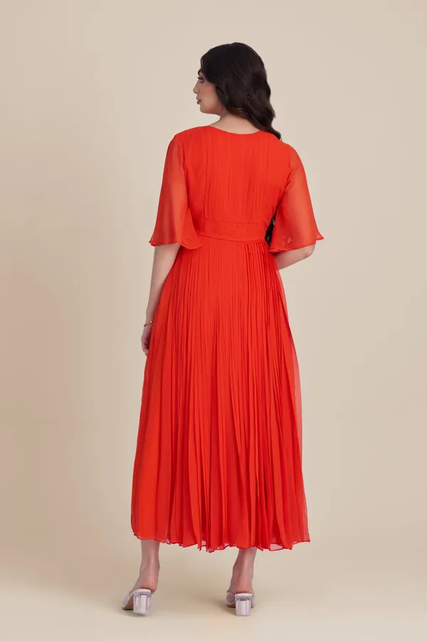 ORANGE_GEORGETTE_BELT_PLEATED_DRESS