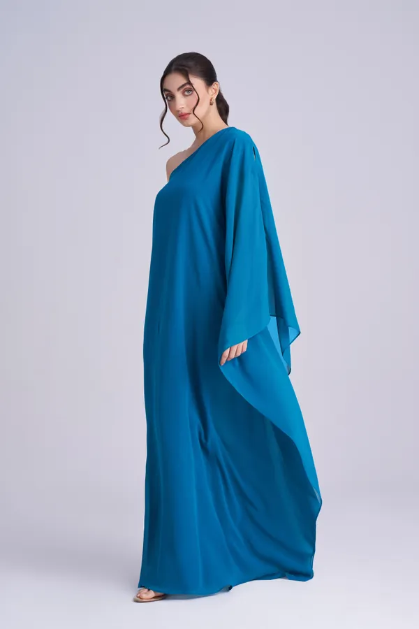 FIROZI_GEORGETTE_ONE_SHOULDER_PONCHO_DRESS