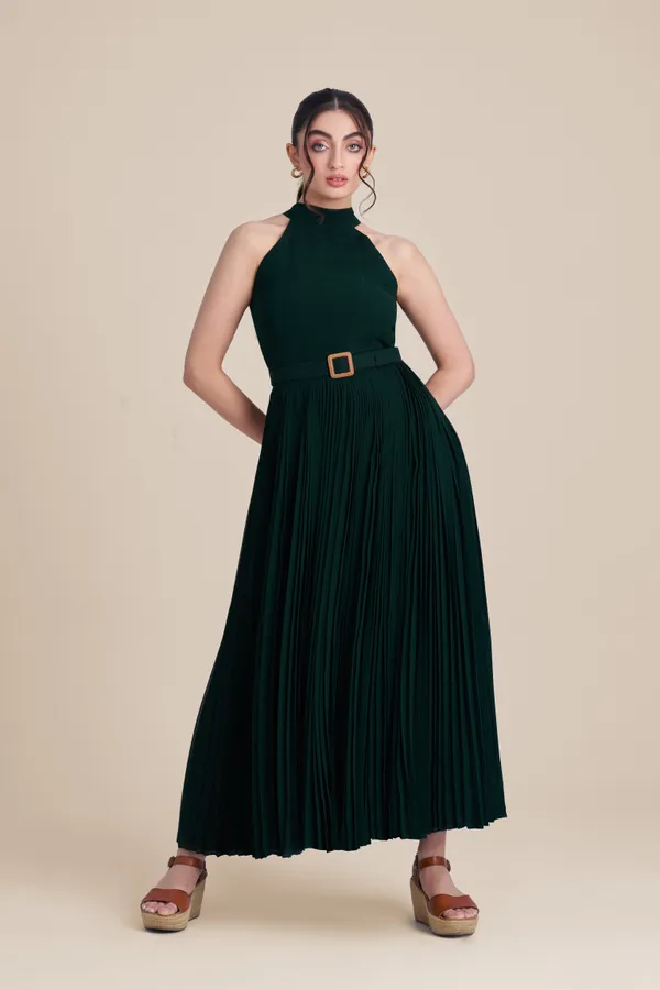 Green_Halter_Neck_Dress_With_Belt
