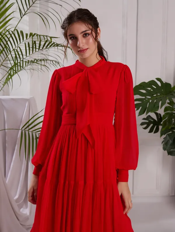 Elegant_Red_Pleated_Midi_Dress_|_Tiered_dress_with_Bow_tie_Detail