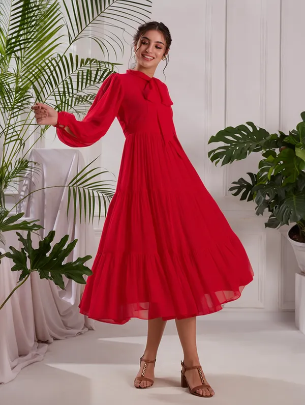 Elegant_Red_Pleated_Midi_Dress_|_Tiered_dress_with_Bow_tie_Detail