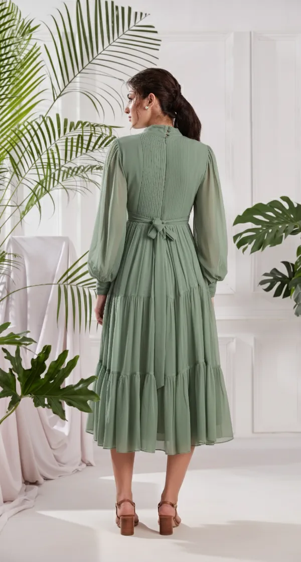 Elegant_Green_Pleated_Midi_Dress_|_Tiered_dress_with_Bow_tie_Detail