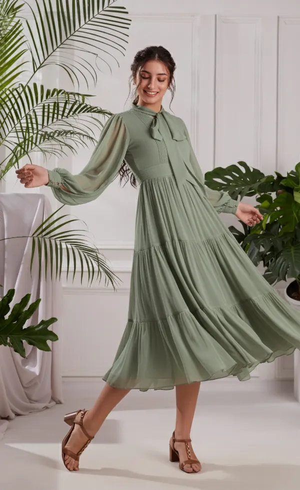Elegant_Green_Pleated_Midi_Dress_|_Tiered_dress_with_Bow_tie_Detail