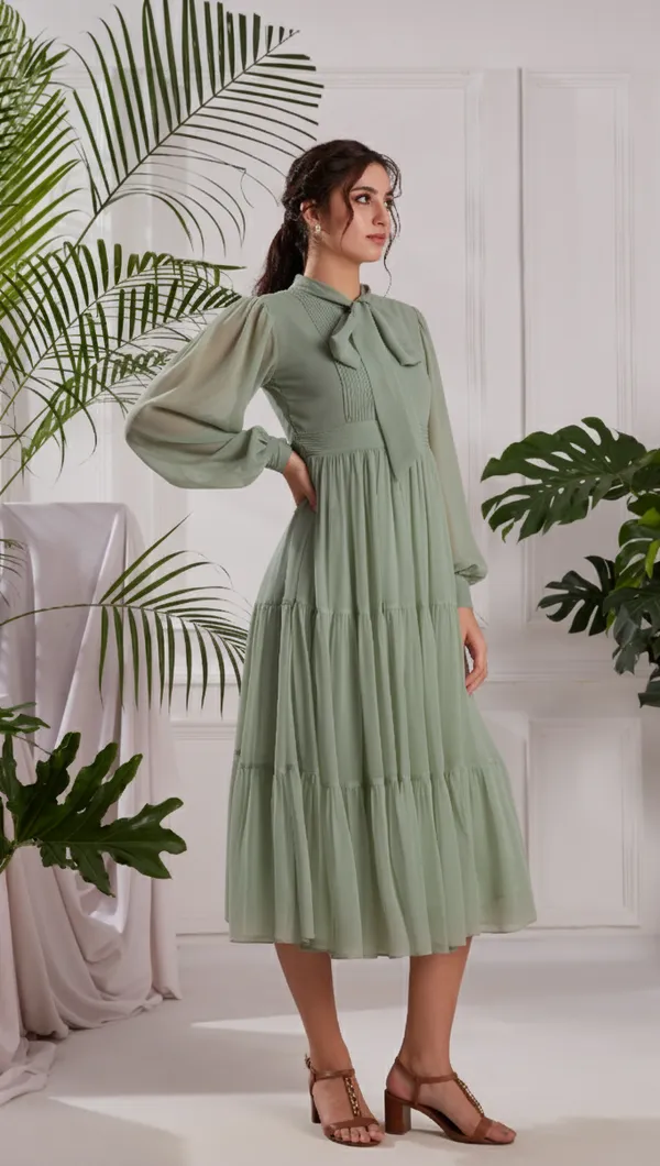 Elegant_Green_Pleated_Midi_Dress_|_Tiered_dress_with_Bow_tie_Detail