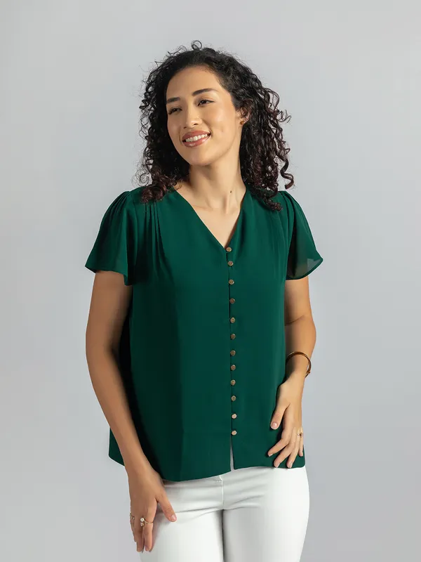 Women's_green_V-Neck_Top_|_Elegant_half_sleeve_Top