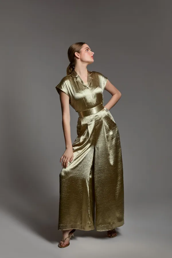 Golden_Shirt_and_palazzo_set_|_Stylish_satin_co-Ord_set_for_women