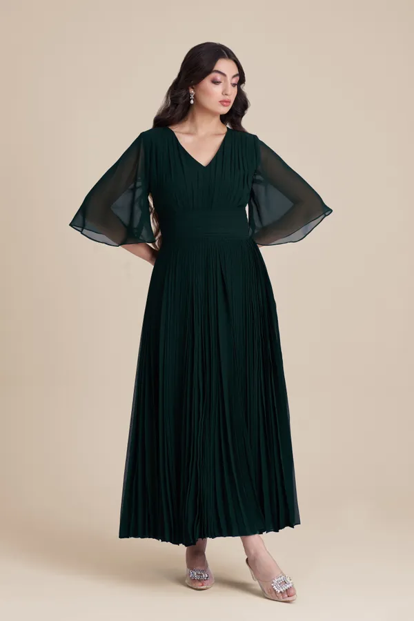 Deep_Green_Pleated_Midi_|_Indo_western_Gown