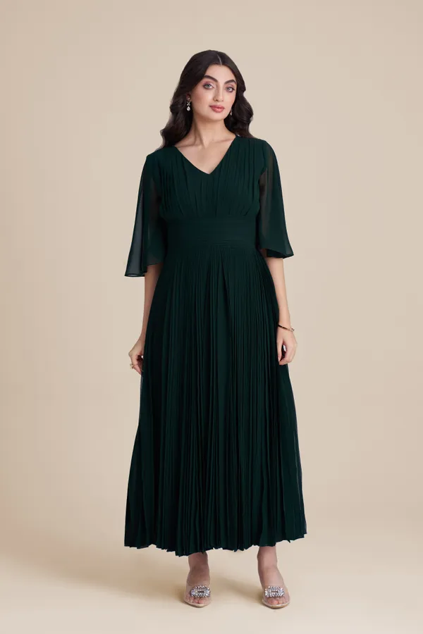 Deep_Green_Pleated_Midi_|_Indo_western_Gown