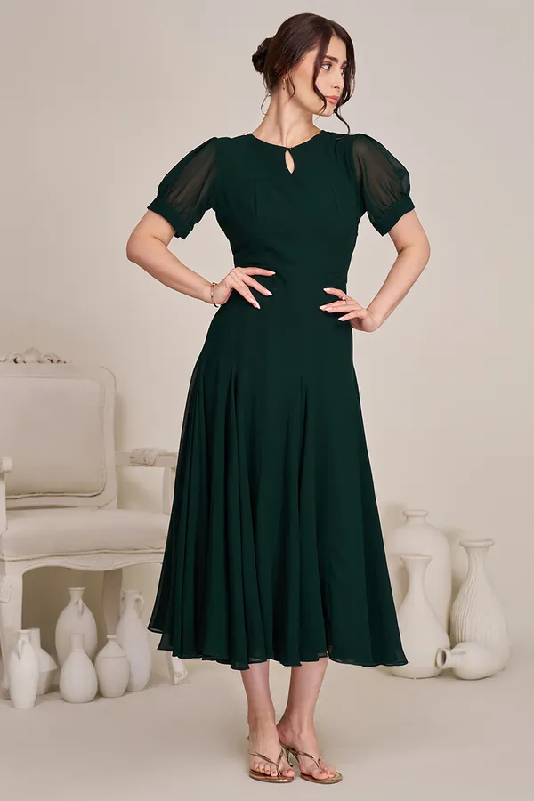 Green_casual_western_dress_for_women_|_Dark_Green_Flowing_Midi_Dress_for_women