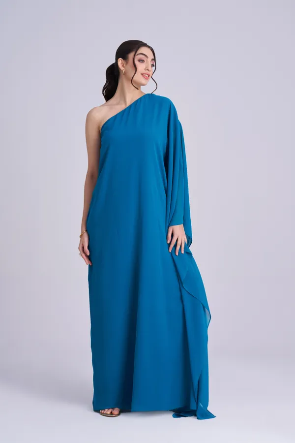 Women's_Poncho_Style_vacation_dress_|_Blue_One-Shoulder_Gown