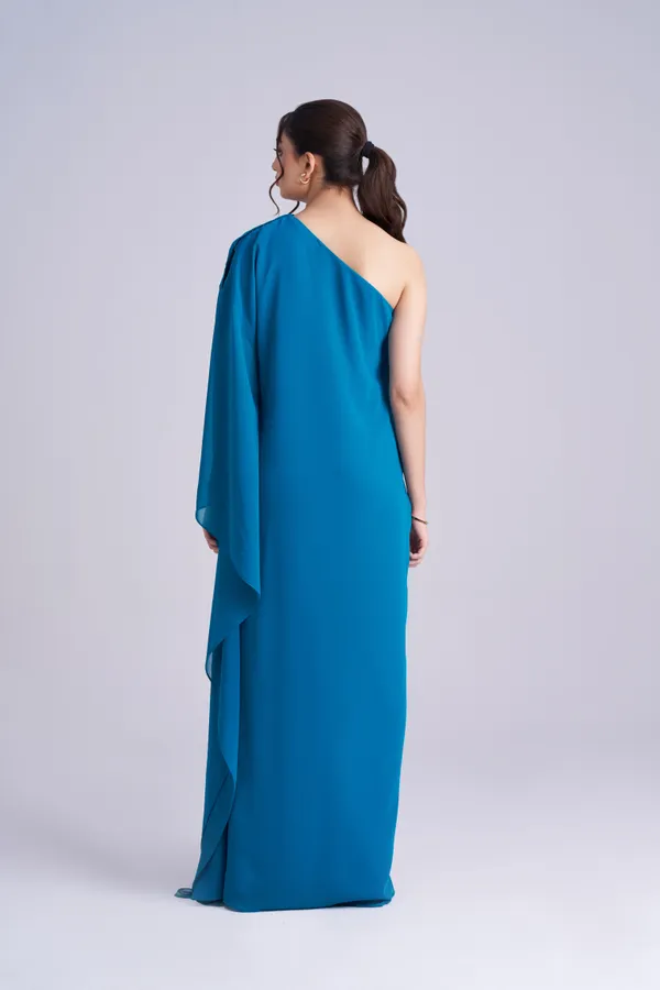 Women's_Poncho_Style_vacation_dress_|_Blue_One-Shoulder_Gown