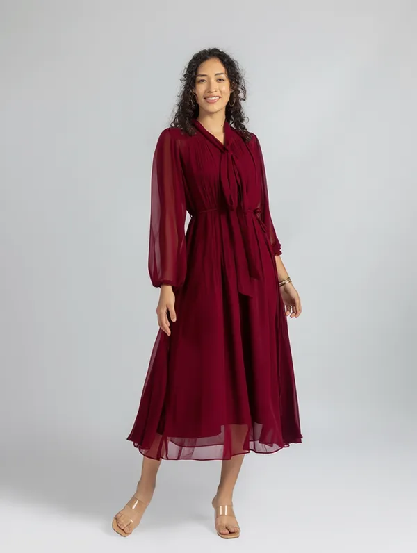 Maroon_Georgette_loose_fit_Dress_|_Maroon_fit_and_Flare_Dress