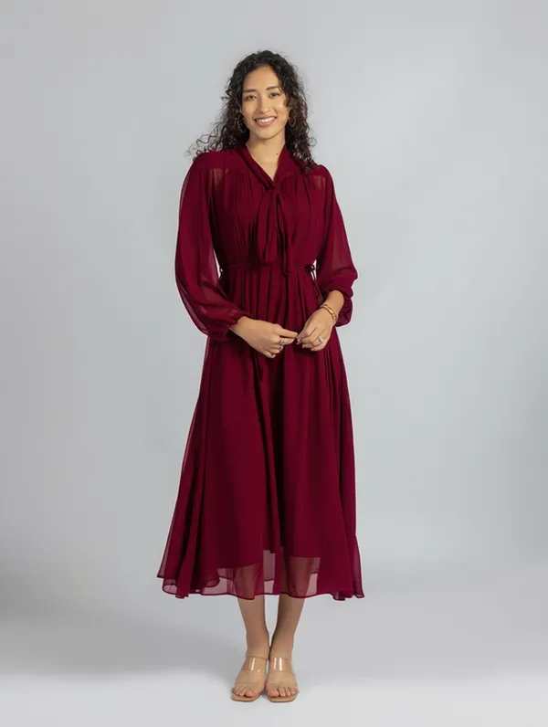 Maroon_Georgette_loose_fit_Dress_|_Maroon_fit_and_Flare_Dress