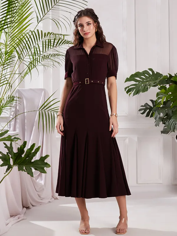 sachin and babi light blue dress Sarah Hyland Burgundy Off-the-shoulder Long Dress