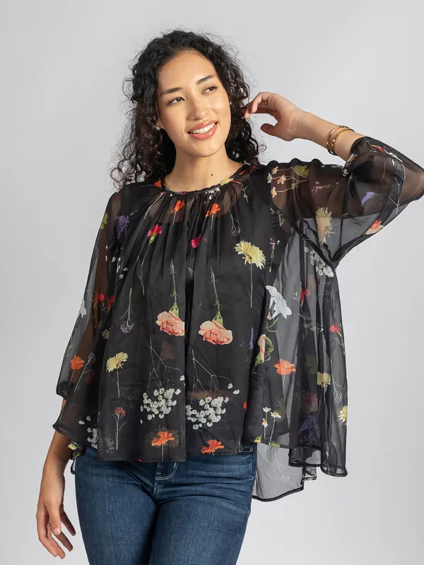 Black_Printed_loose_fit_Top_|_Women's_casual_sheer_top_with_detached_inner