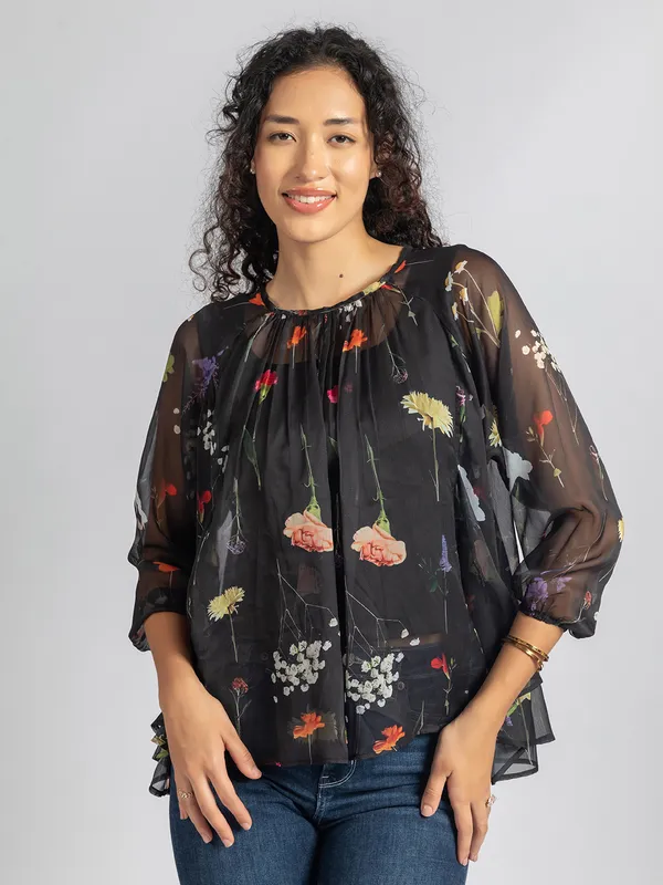 Black_Printed_loose_fit_Top_|_Women's_casual_sheer_top_with_detached_inner