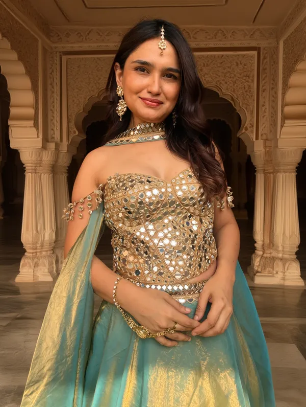 Elegant_Mirror-Work_Corset_blouse_with_tissue_Lehenga_Set