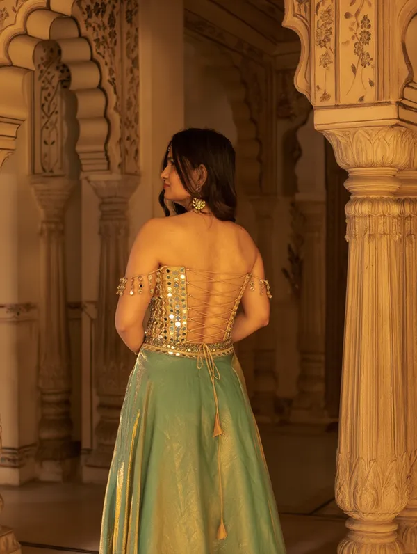 Elegant_Mirror-Work_Corset_blouse_with_tissue_Lehenga_Set