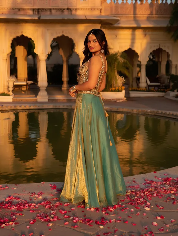 Elegant_Mirror-Work_Corset_blouse_with_tissue_Lehenga_Set