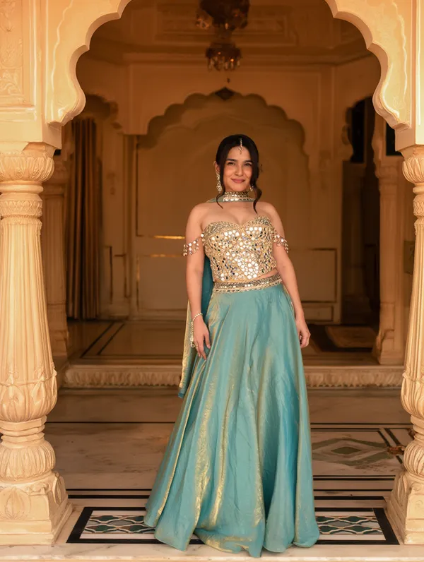 Elegant_Mirror-Work_Corset_blouse_with_tissue_Lehenga_Set