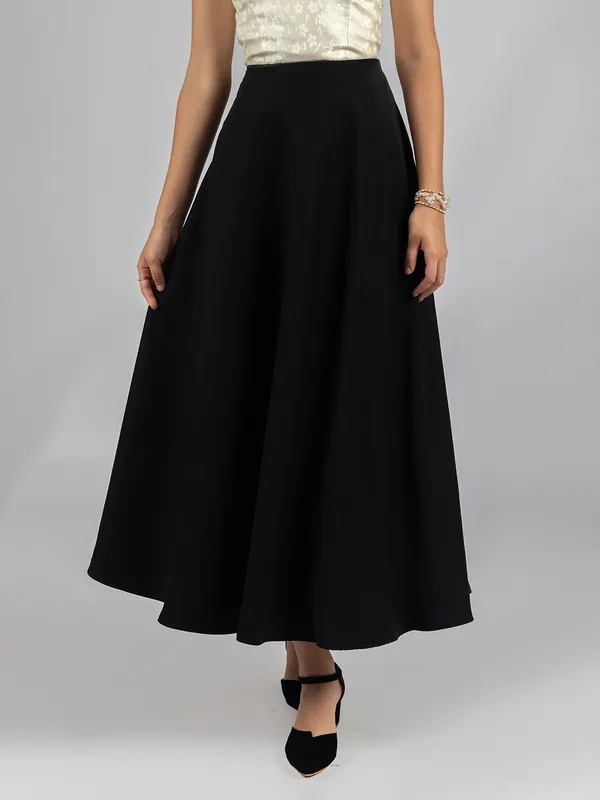 Designer_Black_Umbrella_Midi_Skirt_|__Luxurious_Black_A-Line_Skirt