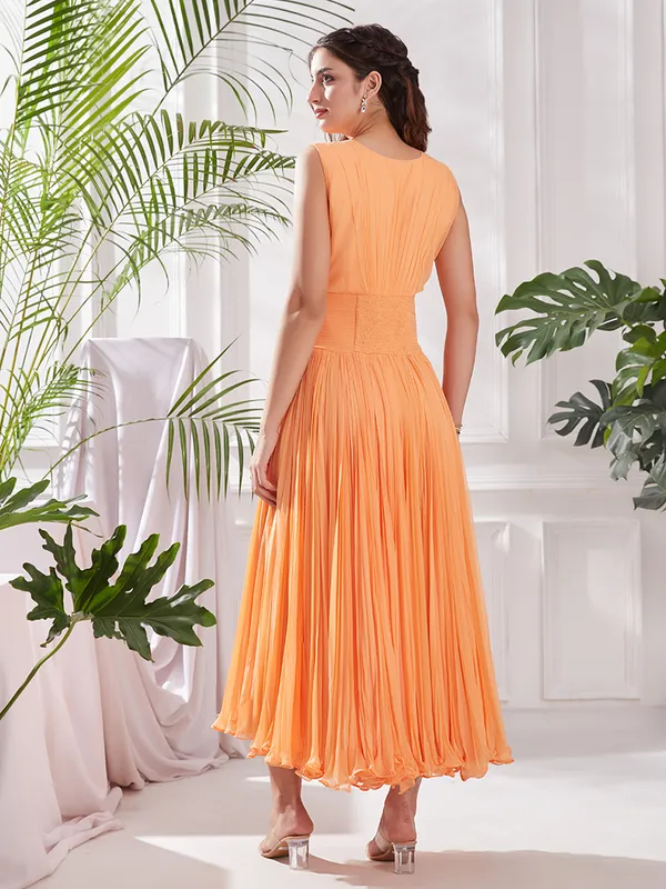 Peach_Georgette_Midi_Dress_with_Stole_|_Hand-Pleated_V-Neck_Flare_Dress