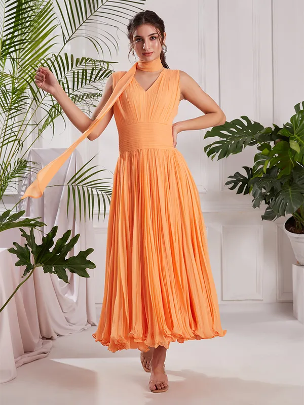 Peach_Georgette_Midi_Dress_with_Stole_|_Hand-Pleated_V-Neck_Flare_Dress