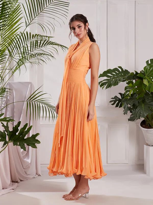 Peach_Georgette_Midi_Dress_with_Stole_|_Hand-Pleated_V-Neck_Flare_Dress