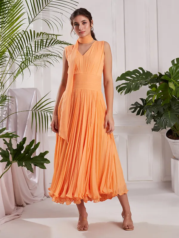 Peach_Georgette_Midi_Dress_with_Stole_|_Hand-Pleated_V-Neck_Flare_Dress