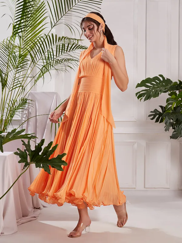 Peach_Georgette_Midi_Dress_with_Stole_|_Hand-Pleated_V-Neck_Flare_Dress