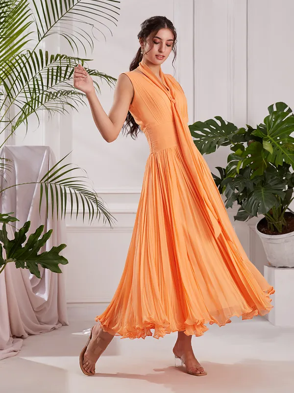 Peach_Georgette_Midi_Dress_with_Stole_|_Hand-Pleated_V-Neck_Flare_Dress