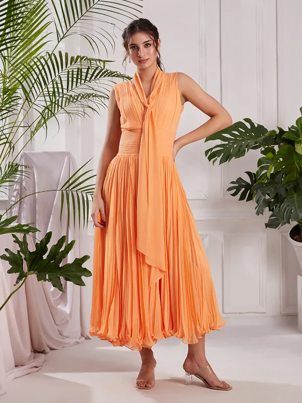 Peach_Georgette_Midi_Dress_with_Stole_|_Hand-Pleated_V-Neck_Flare_Dress