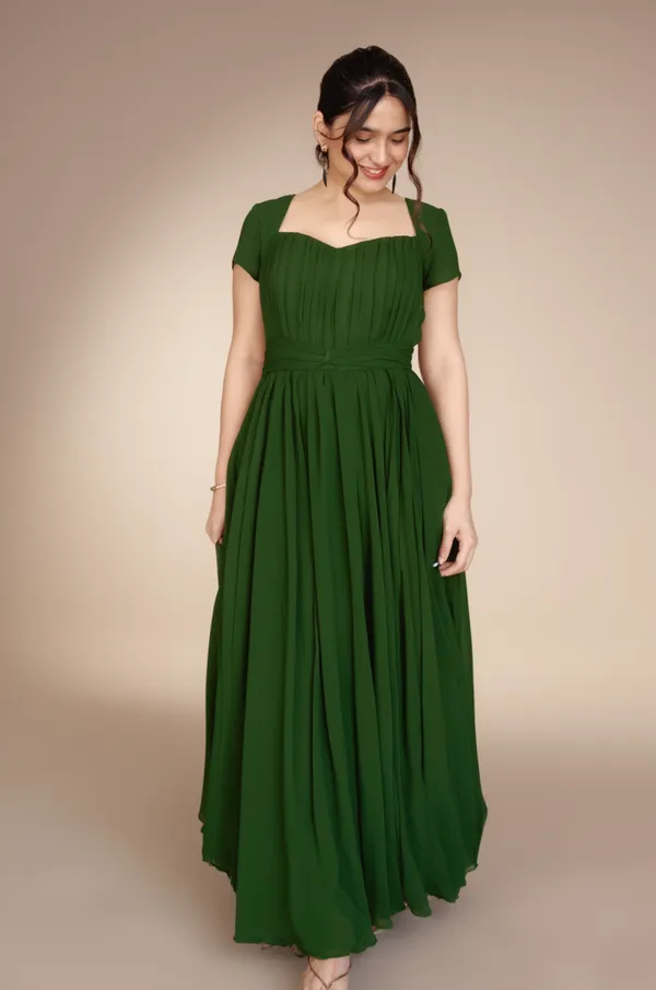 Olive_Princess_Flared_Dress_|_long_gathered_Sweetheart_Neck_Olive_dress