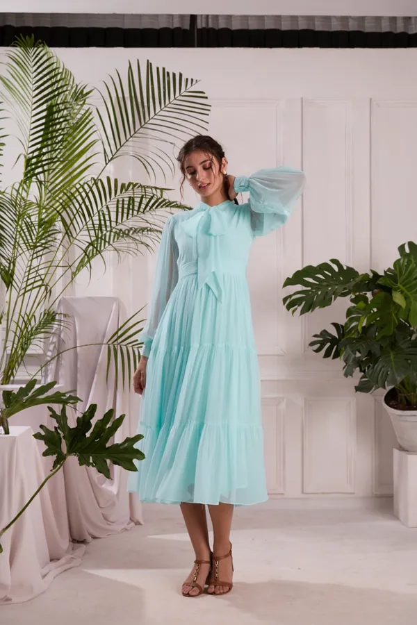 Elegant_Sky_Blue_Pleated_Midi_Dress_|_Tiered_dress_with_Bow_tie_Detail
