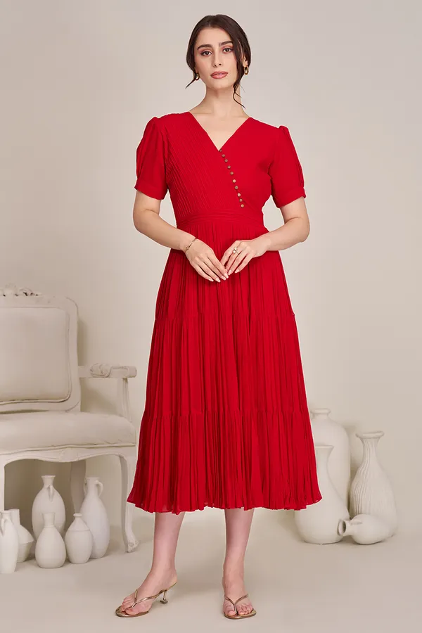 Red_pleated_tired_dress_for_women|_long_Indo_-_Western_Dress_for_women