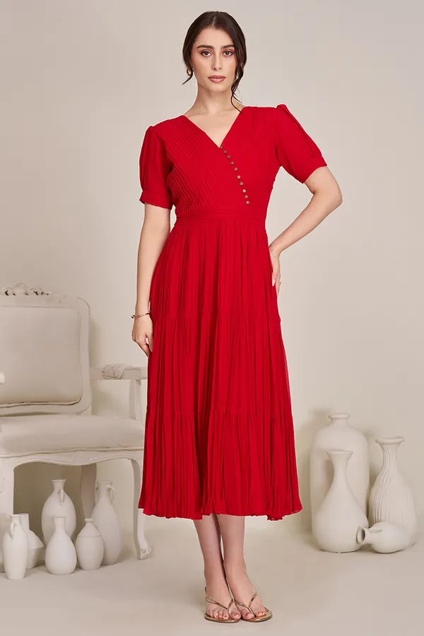 Red_pleated_tired_dress_for_women|_long_Indo_-_Western_Dress_for_women