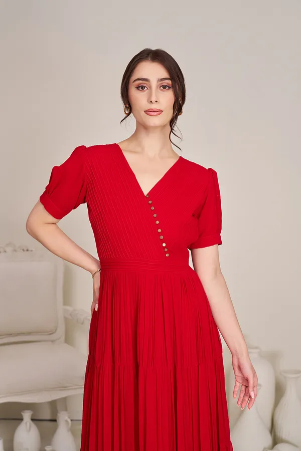 Red_pleated_tired_dress_for_women|_long_Indo_-_Western_Dress_for_women